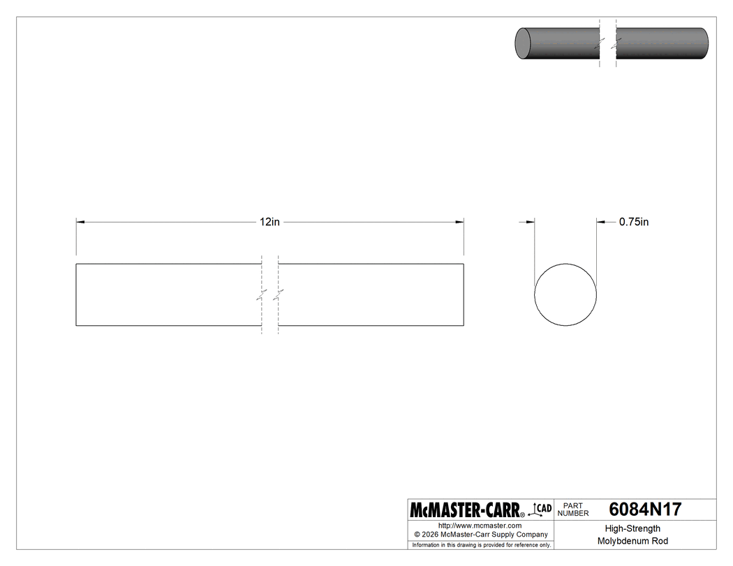 Technical Drawing of High-Strength Molybdenum Rod, 3/4" Diameter, 1 Foot Long.
